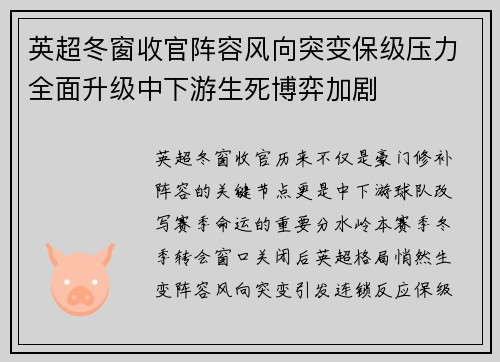 英超冬窗收官阵容风向突变保级压力全面升级中下游生死博弈加剧 英超冬窗收官阵容风向突变保级压力全面升级中下游生死博弈加剧